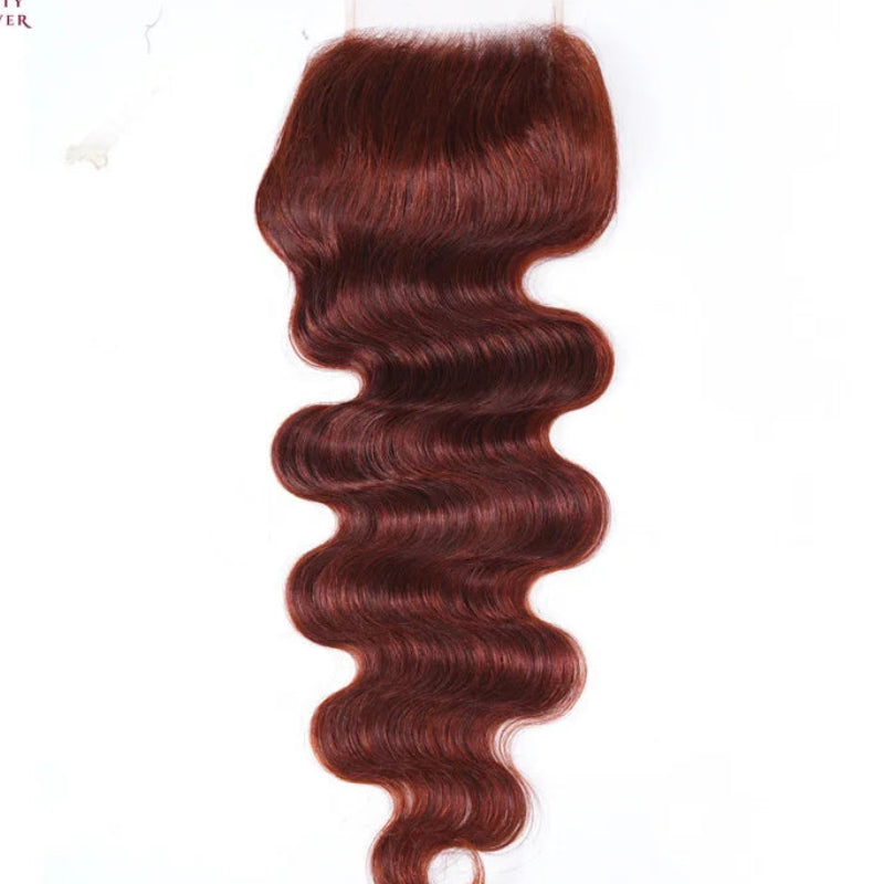 Grade 12A Reddish Brown Human Hair Bundles with Closure | Premium Brazilian Body Wave 3 Bundles with 4x4 Lace Closure | Luxury Colored Remy Human Hair Extensions | Safe to Perm Standard 4-Piece Complete Hair Matrix Luxegan