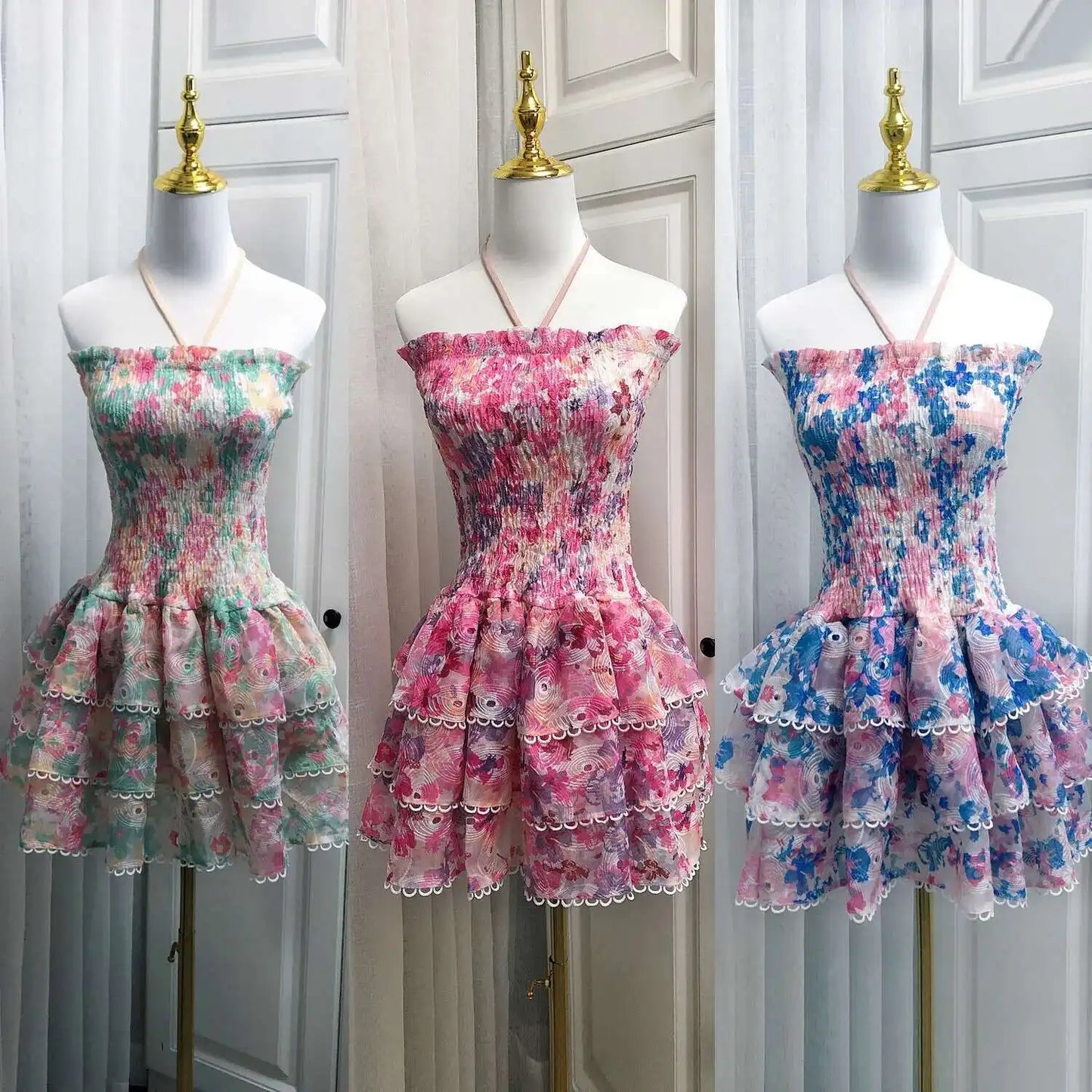 Women's Summer Layers Floral Print Short Cake Dress | Sexy Slash Neck Halter Ruffle Mini Gown | Elastic Top Stretchy Prom Evening Dress | Premium Tatting Slim Fit Ball Gown Model Luxegan