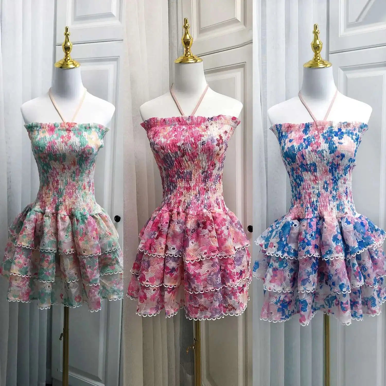 Women's Summer Layers Floral Print Short Cake Dress | Sexy Slash Neck Halter Ruffle Mini Gown | Elastic Top Stretchy Prom Evening Dress | Premium Tatting Slim Fit Ball Gown Model Luxegan