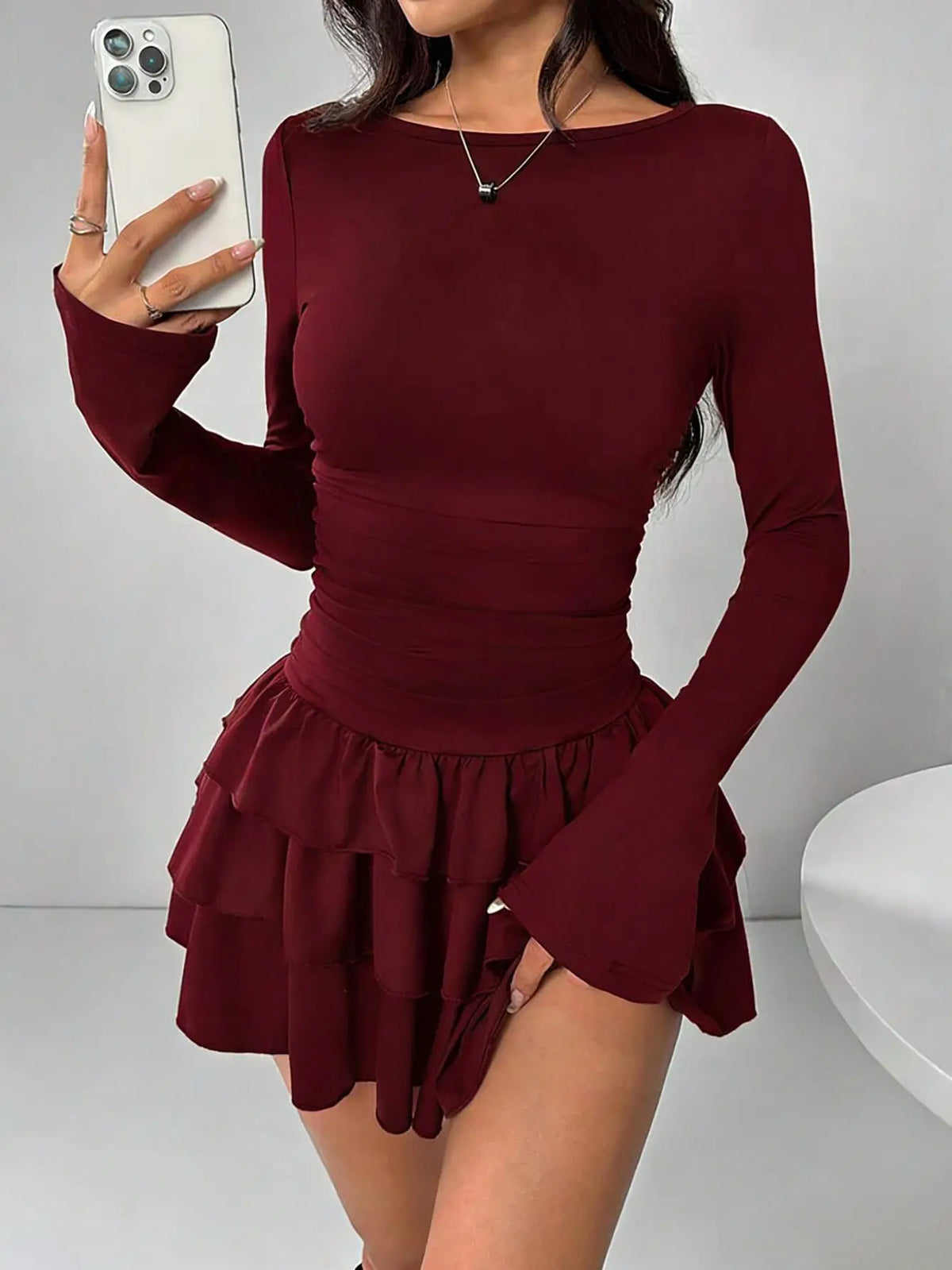 Solid Office Lady O-Neck Full-Length Sleeve Slim Pleated Knee-Length Dress – Medium-Stretch Polyester, Natural Waist, Autumn/Winter Luxegan
