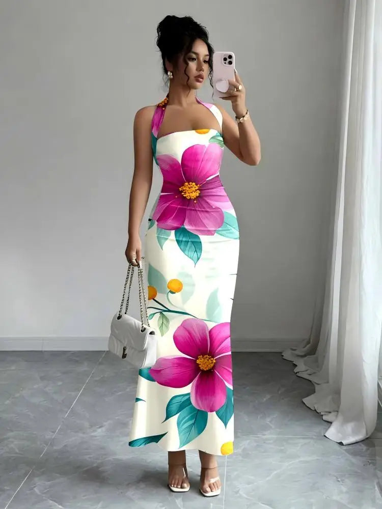Print Slash Neck Spaghetti Strap Sleeveless Zip Detail Regular Fit Sheath Ankle-Length Dress – Slight Stretch Polyester-Elastane, Summer Luxegan