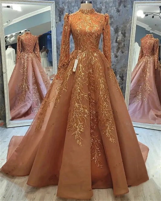 Muslim Arabic Luxury Appliques High-Neck Evening Dress | Exquisite 3D Full-Sleeve Gown | Tulle A-Line Floor-Length Formal Party Dress with Sweep Train Luxegan