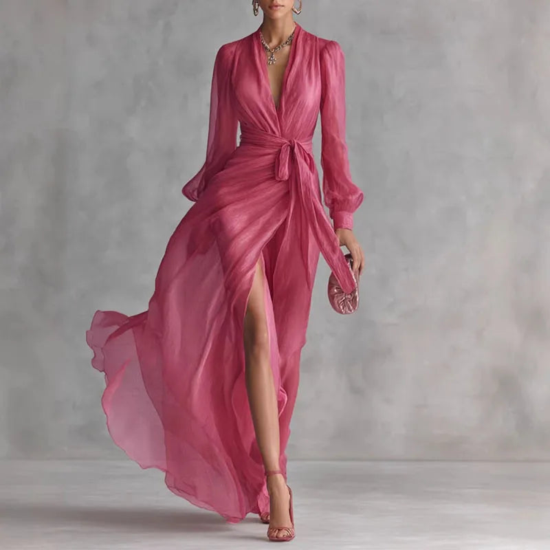 Solid V-Neck Long Puff Sleeve Tie Sash Waist Regular Fit A-Line Maxi Dress – Empire Waist, Spring/Summer Luxegan