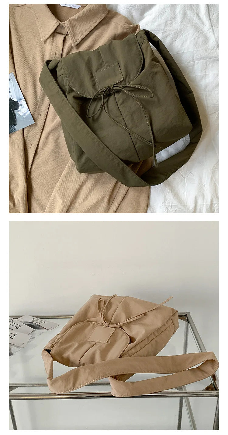 Vintage Flap Nylon Bow Crossbody Bag | Large Autumn Commuter Shoulder Bag & Simple Messenger Bag Luxegan