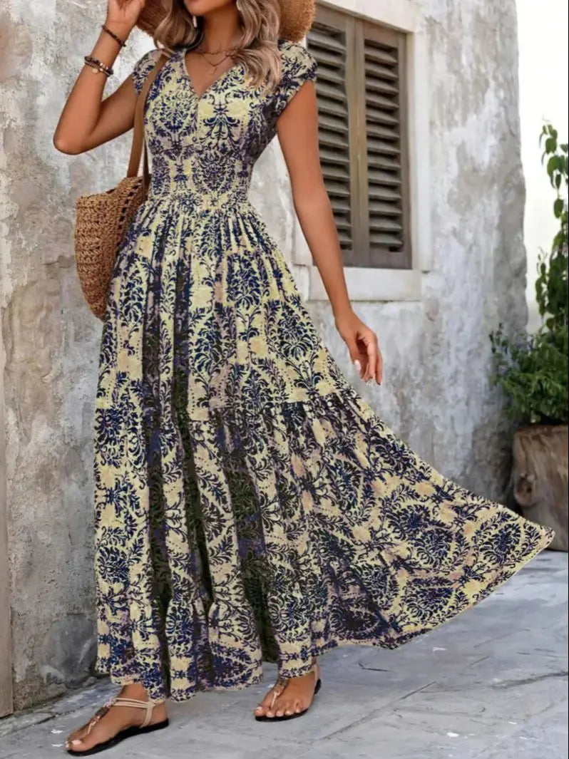 Women's Vintage Floral Printed Long Dress Jumpsuit | Elegant V-Neck Short-Sleeve Maxi | Slim-Fit Ankle-Length Office Lady Summer Gown Luxegan