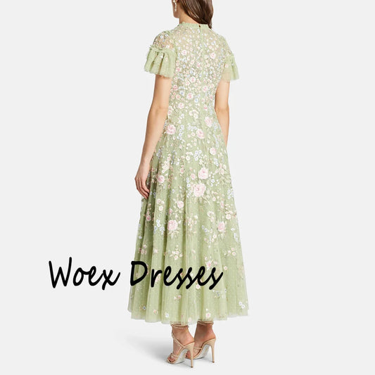 Vestido de noche de tul verde con cuello redondo personalizado, mangas cortas con apliques, vestido de fiesta drapeado, corte A, largo hasta el tobillo para baile de graduación