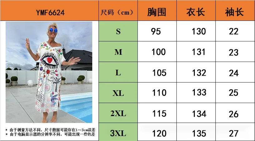 Women's European and American Vacation Long Dress | Elegant Temperament V-Neck Short-Sleeve Midi Purse | Casual Side-Split Printed A-Line Dress | Premium All-Season Pullover Model YMF6624 Luxegan