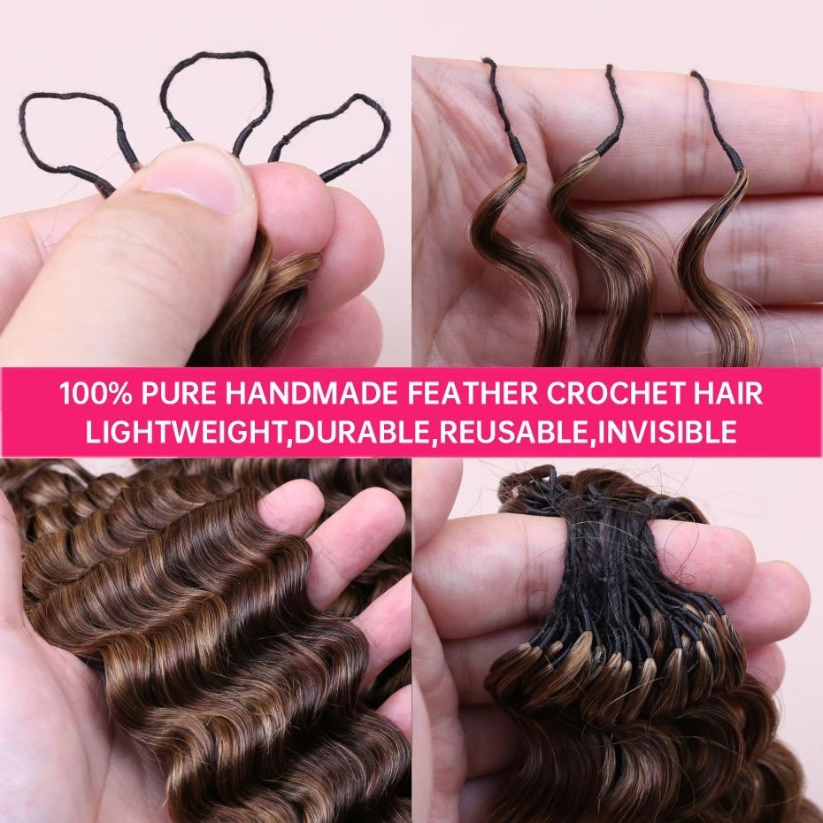 4/27 Highlight Deep Wave Crochet Human Hair Extensions | 100% Remy Brazilian Hair | 14–24 Inches Luxegan