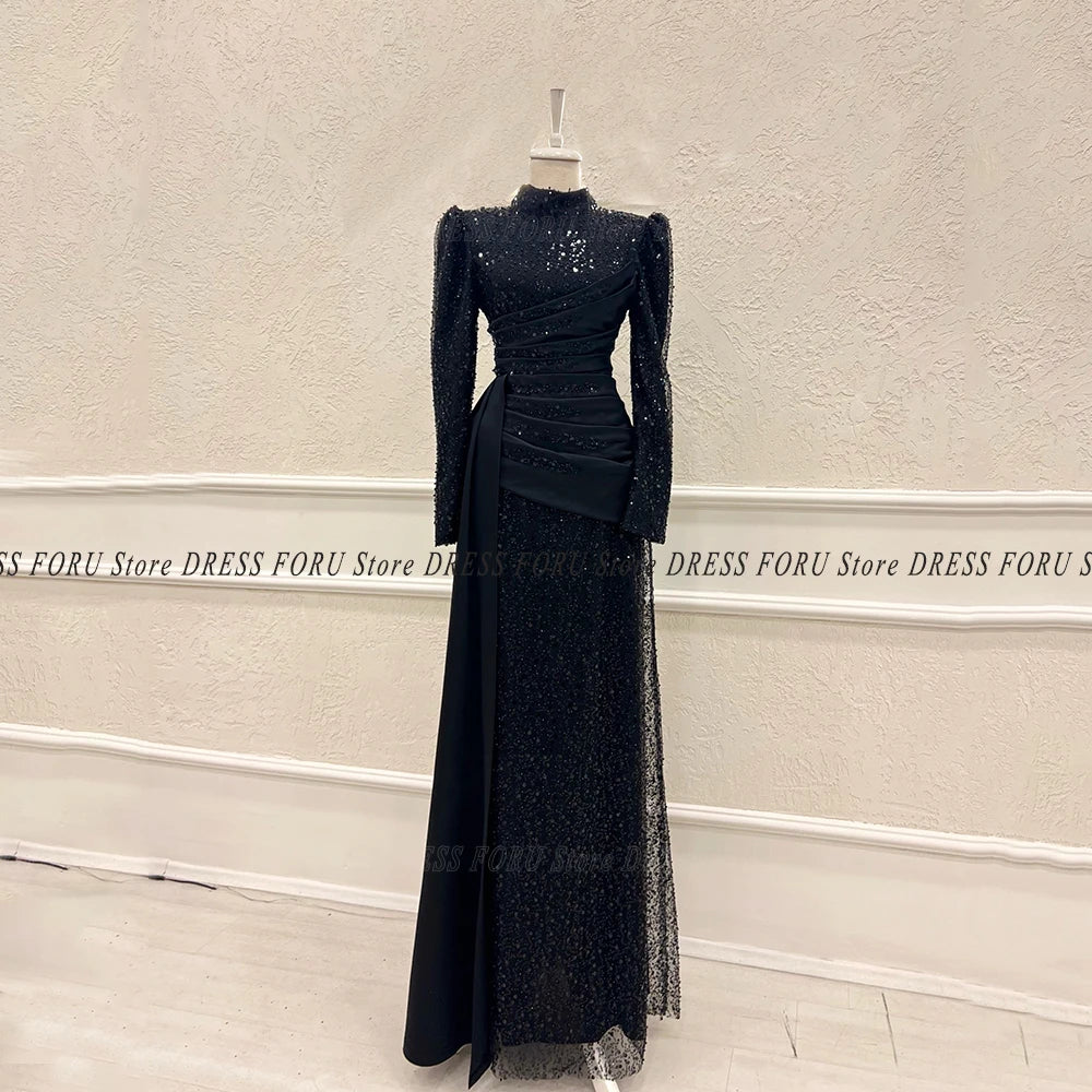 Sparkle Evening Dress Long Luxury For Woman Full Sleeve Muslim Wedding Party Floor Length Pleat High Neck Formal Pageant Fiesta