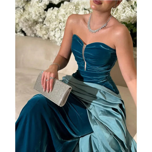 Sweetheart Strapless A-Line Chapel Train Prom Gown | Pleated Velour Formal Evening Dress with Built-In Bra Luxegan