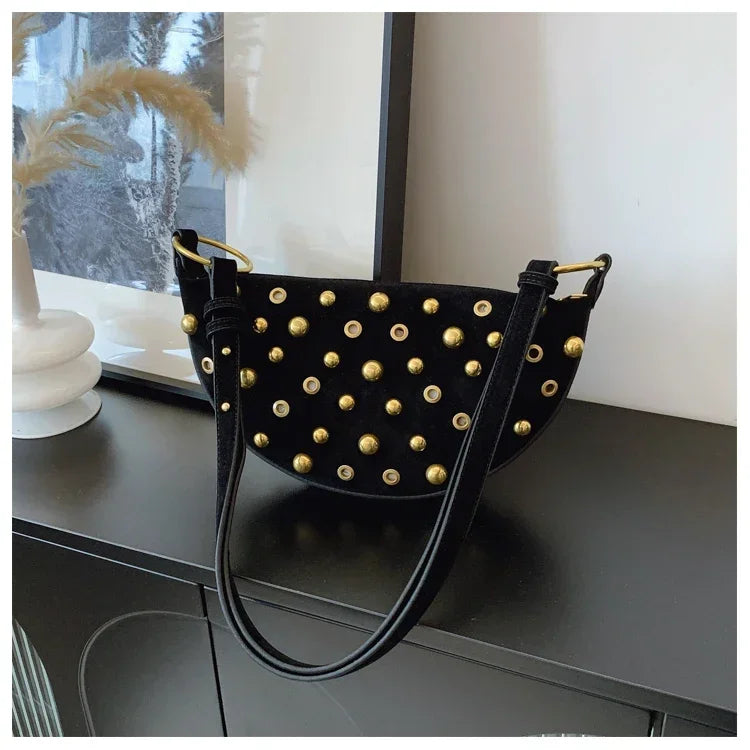 Women's Fashionable Faux Suede Armpit Bag | Versatile Stylish Design Crossbody Purse | High-Quality Solid Color Casual Tote | Retro Rivet Shoulder Bag with Zipper Closure Luxegan