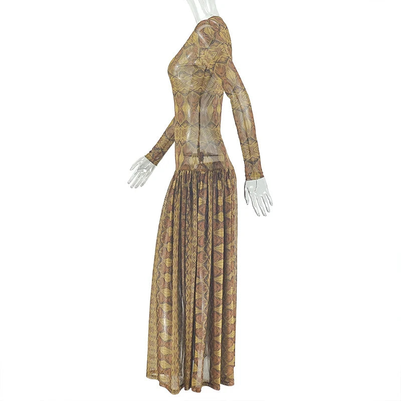 Vintage Printed Sexy See Through Mesh Women Dress Long Sleeve O Neck Slim Waist Big Hem Long Maxi Dress