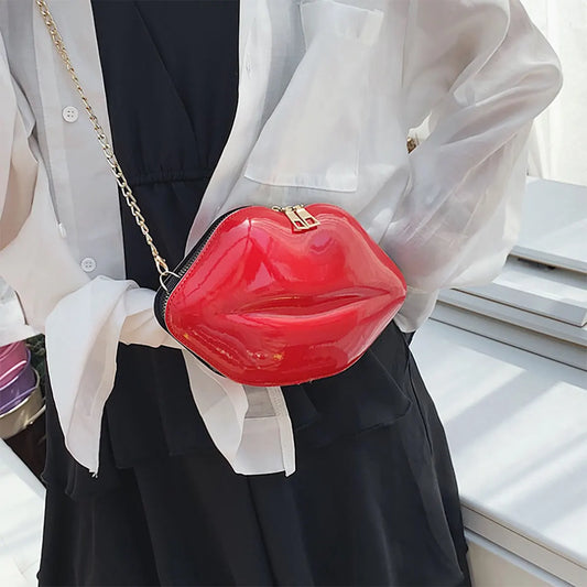 Niche Red Lip Shaped Chain Bag, Novelty Mini Shoulder Bag, Women's Stylish Zipper Bag Luxegan 