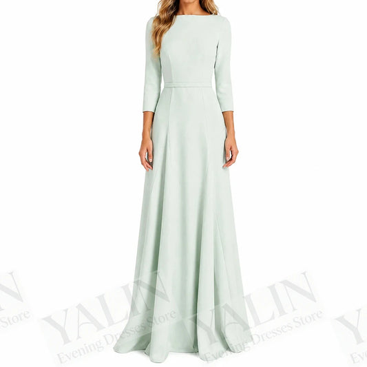 Draped A-Line Prom Gown | Boat Neck Three-Quarter Sleeve Floor-Length Evening Dress Luxegan