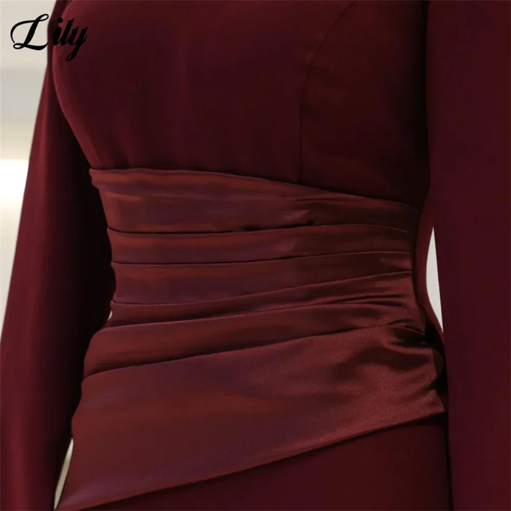 Lily Burgundy Elegant Prom Dresses High-Neck Long Sleeves Mermaid Evening Dresses Satin Muslim Formal Gowns Dubai  Customized