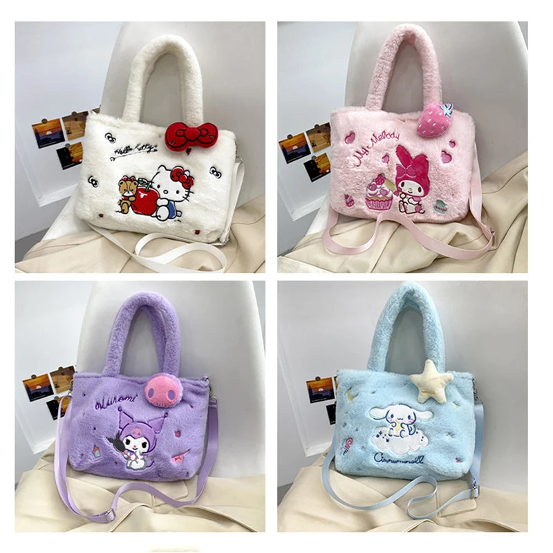Kawaii Hello Kitty Plush Shoulder Bag | My Melody Cinnamoroll Kuromi Cute Cartoon Anime Handbag (Soft Storage Bag for Women & Girls) Luxegan