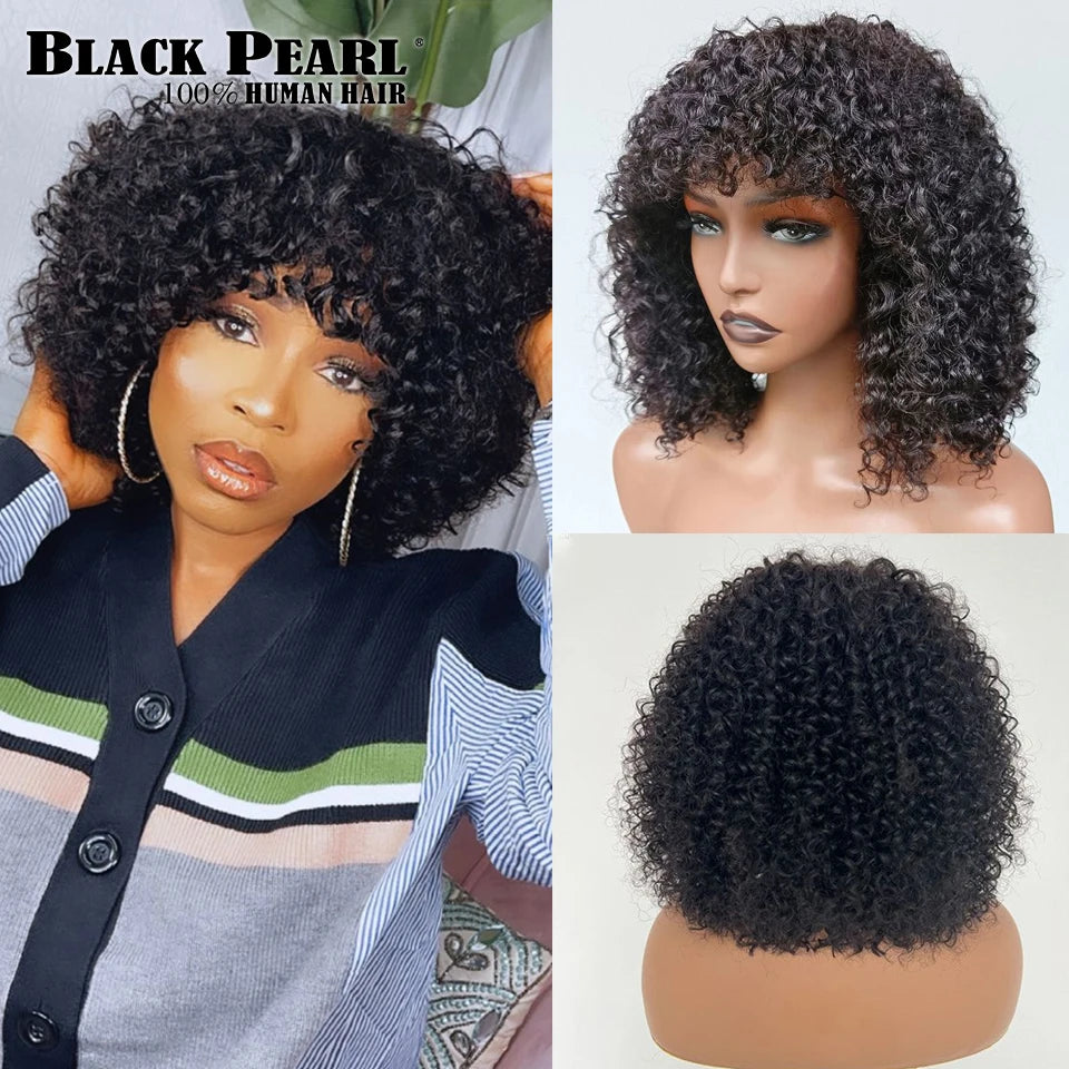 Black Pearl Curly Wigs Perruques Cheveux Humains Fringe Wig Jerry Curly Wig With Bangs Human Hair Short Pixie Cut Wigs Human Hai