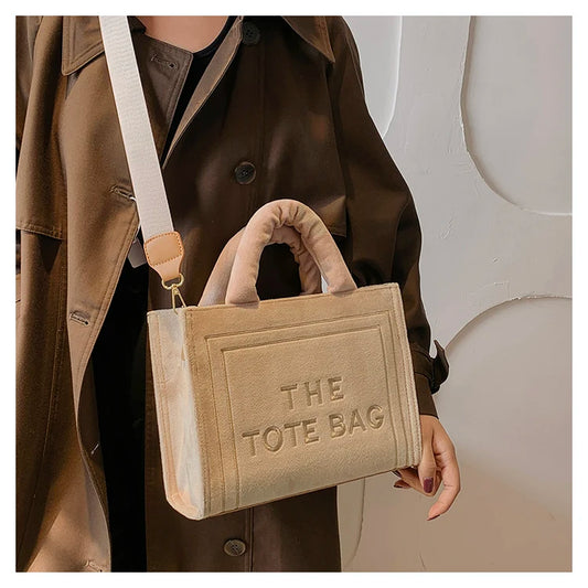 Khaki Velour Letter Print Tote Bag | Soft Medium Shoulder Shopper Luxegan
