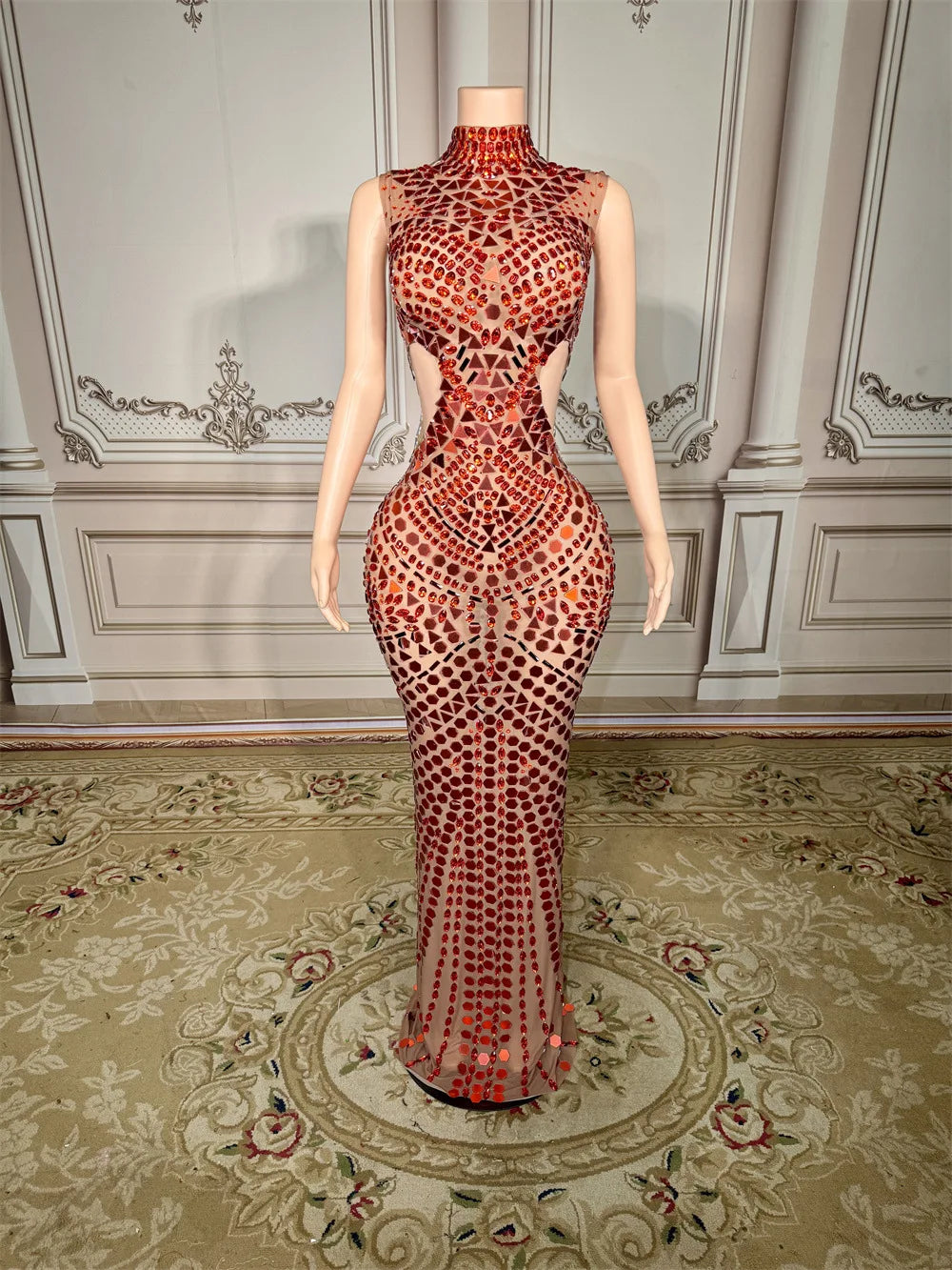 Rhinestone Sequin Mermaid Maxi Dress | Turtleneck Luxury Party & Prom Gown Luxegan