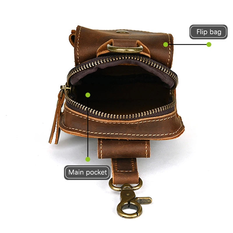 Hardware Clasp Waist Bag for Men | First Layer Genuine Cowhide Leather Hang Bag | Vintage Box-Shape Belt Loop Wallet & Retro Phone Purse with Zipper Luxegan