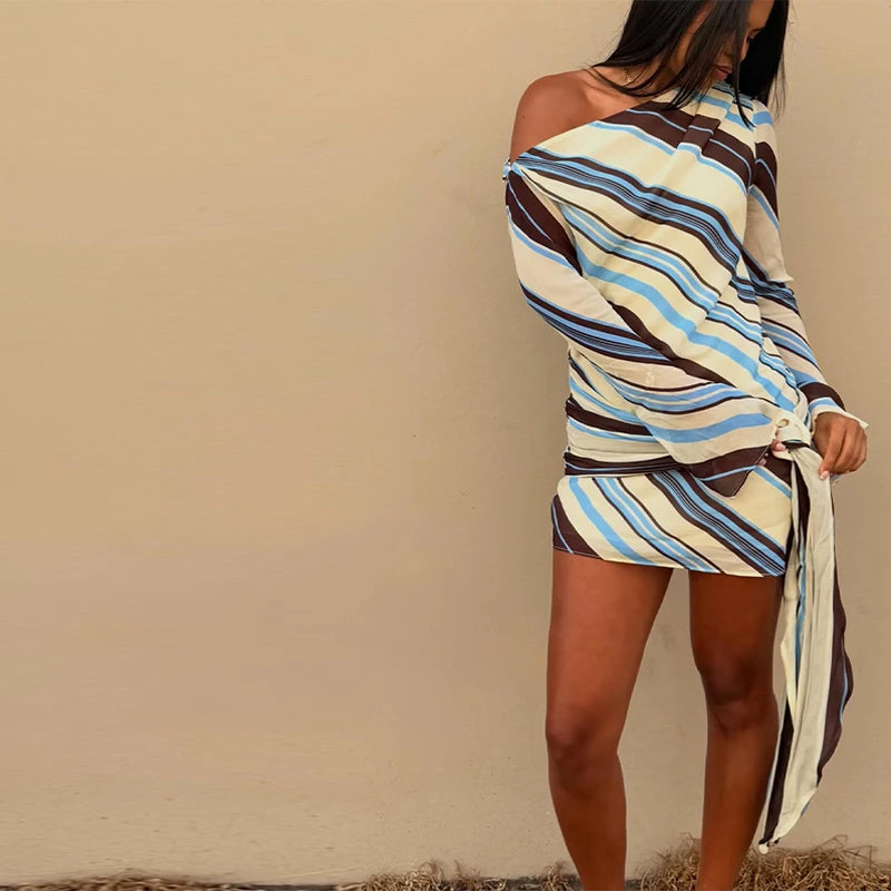 Women's Striped Skew Collar Long Sleeve Mini Dress – Slim Sheath Luxegan