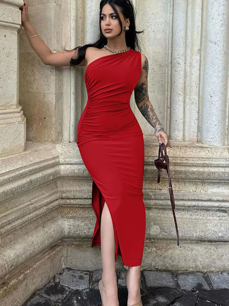 Sexy Split Black Maxi Dress for Women | Elegant One-Shoulder Backless Summer Party Dress | Premium Medium-Stretch Slim Fit Club Vestido | Model AC022 Sleeveless Ankle-Length Straight Silhouette Dress Luxegan