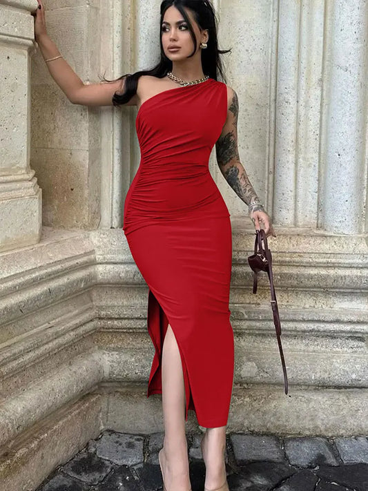 Sexy Split Black Maxi Dress for Women | Elegant One-Shoulder Backless Summer Party Dress | Premium Medium-Stretch Slim Fit Club Vestido | Model AC022 Sleeveless Ankle-Length Straight Silhouette Dress Luxegan