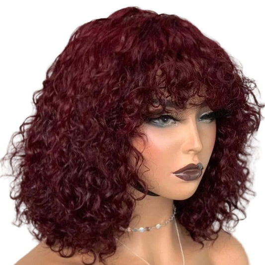 Honey Blonde Jerry Curl Pixie Bob Human Hair Wig with Bangs - Full Machine-Made Glueless Short Curly Wig - 100% Brazilian Remy Human Hair Colored Wig for Women (4-16 Inch) Luxegan