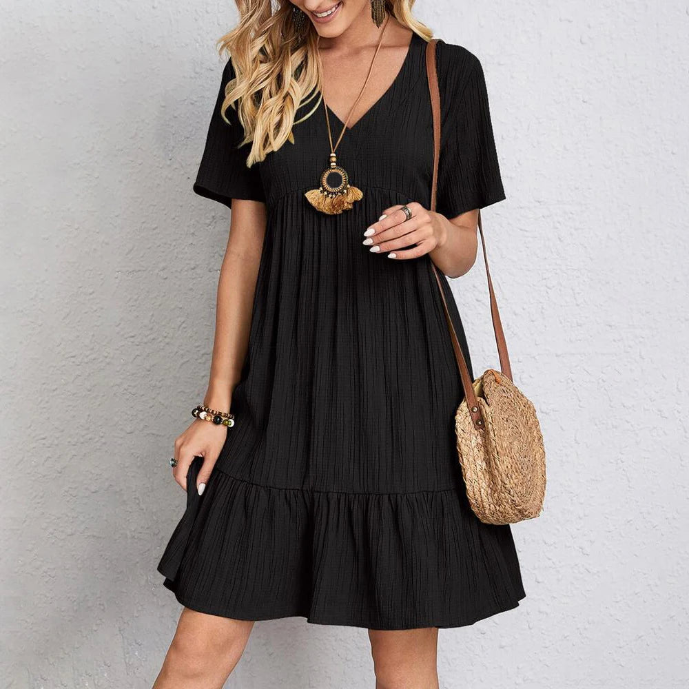 Women's Summer Pleated Ruffle Mini Dress | Casual V-Neck Short Sleeve Loose Dress | Elegant Solid Color Above-Knee A-Line Dress | Office Lady Premium Knit Lounge Dress Luxegan