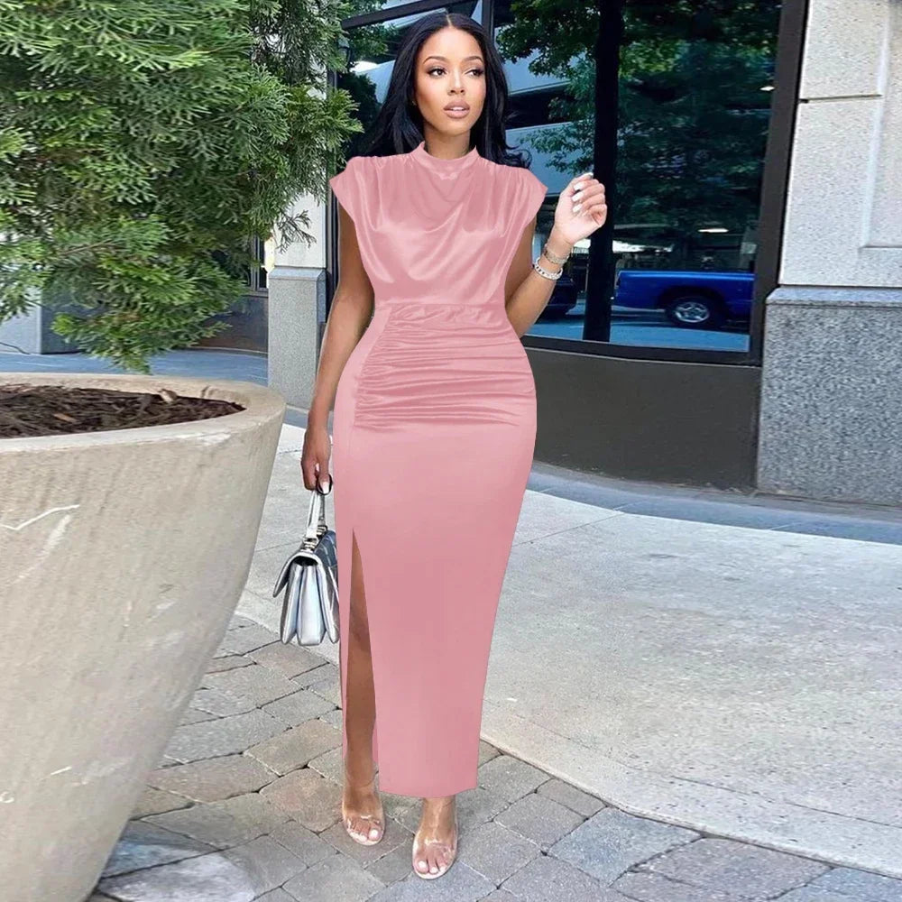Satin Turtleneck Bodycon Dress – Cap Sleeve, Fold Detail, Ankle-Length, Empire Waist Luxegan