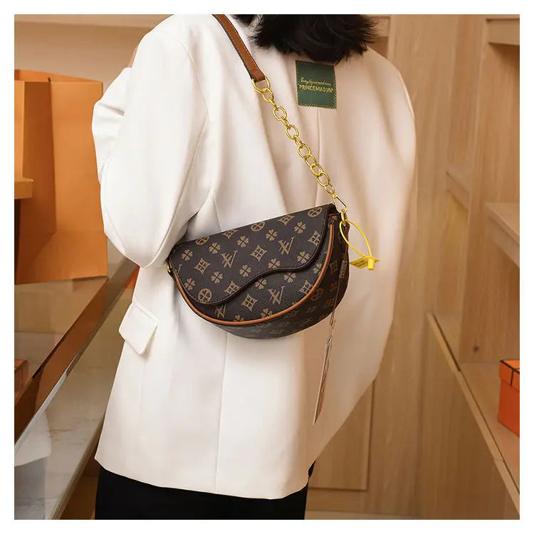 Designer Luxury Saddle Shoulder Bag | Sophisticated Letter-Patterned Clutch | Elegant Japanese & Korean Inspired Travel Tote | "Dignified" Hard-Shell PU Purse with Flap-Pocket Utility Luxegan