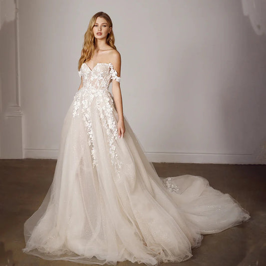 Classic Off-the-Shoulder Sweetheart A-Line Wedding Dress | Elegant Boho Beach "Illusion Lace Applique" Silhouette | Custom Made Embroidered Organza & Tulle Vestido De Noiva | Majestic Lace-Up Bridal Gown Luxegan