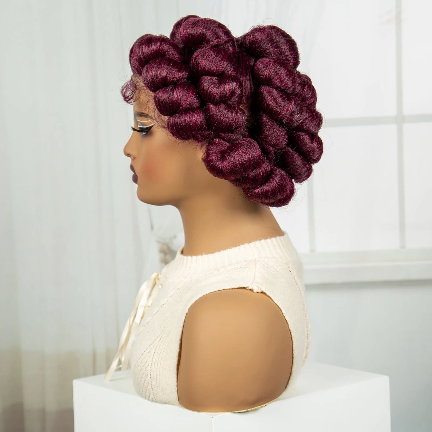 6" Short Cute Burgundy Bantu Knotless Braids Wig | Transparent Full Lace Luxegan