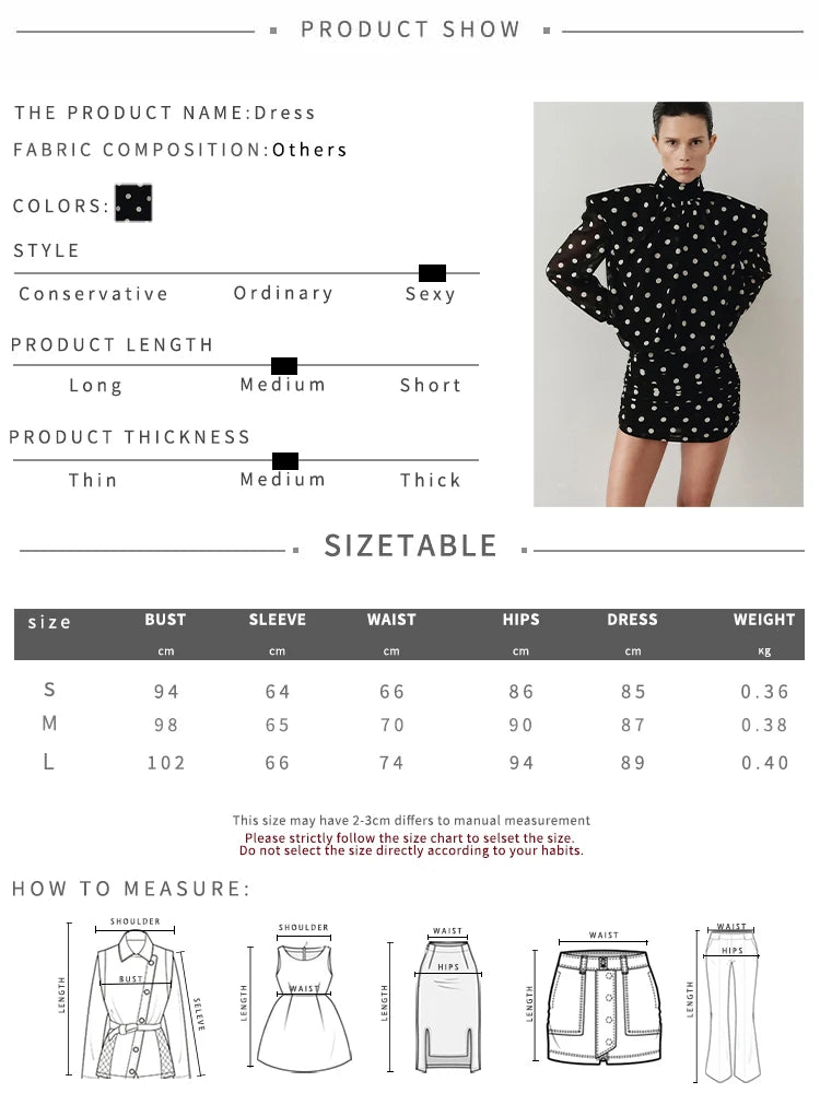 Women's See-Through Mesh Mini Dress | Elegant Turtleneck Full Sleeve Bodycon Gown | Polka Dot Print Skinny Ruched Dress | Premium High Stretch Patchwork Slim Fit Sheath Vestido Model K25D88364 Luxegan