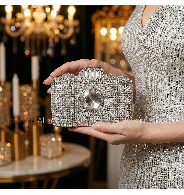 Camera-Shaped Boutique Evening Clutch | Sophisticated Novelty Metallic Rhinestone Purse | Elegant Diamond-Encrusted Bridal Handbag | "Dignified" Hard-Shell Dress Bag for Versatile Party Styling Luxegan
