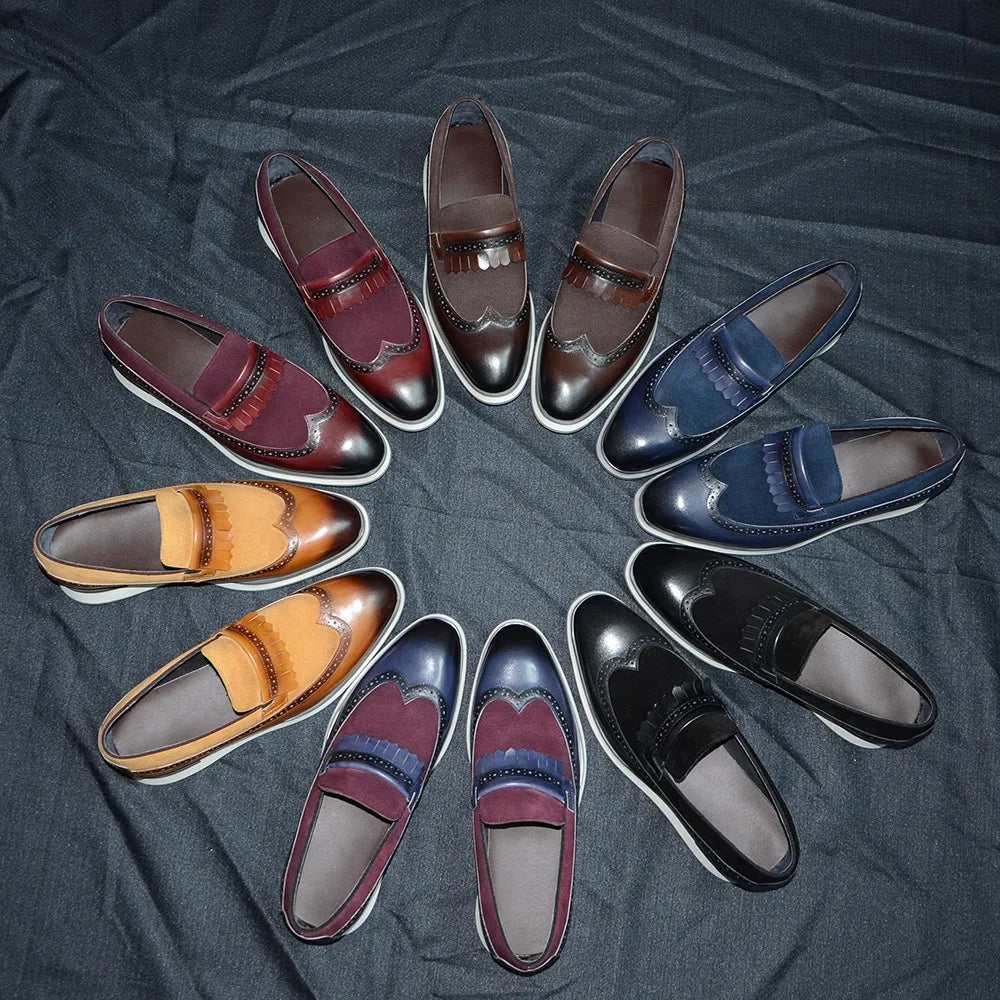 Many Colors Classy Men's Genuine Leather Tassel Loafers | Cow Suede Wingtip Brogue Casual Business Flats Luxegan