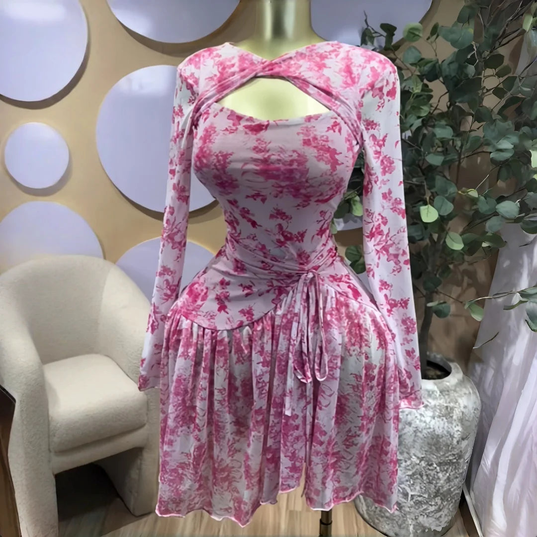 Stacked Ruffle Print Bodycon Maxi Dress | Long Sleeve O-Neck Draped Sheath Sexy Evening Party Dress Luxegan