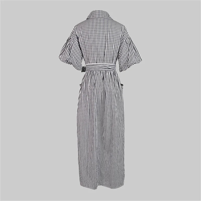 New Fashion Plaid Lapel Shirt Dress for Women | Ruffle Flare Sleeve Buttoned Pocket Maxi Gown | Elegant High-Waist Front-Slit Office Lady Dress | Model 178717 Half Sleeve Floor-Length A-Line Dress Luxegan