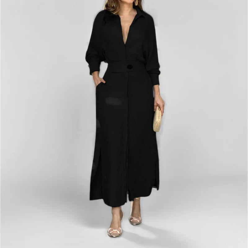 Women's Dress Autumn New Fashion Elegant Long Sleeve Leisure Solid Color V Neck Sexy Ladies Shirt Dresses Commuting Streetwear