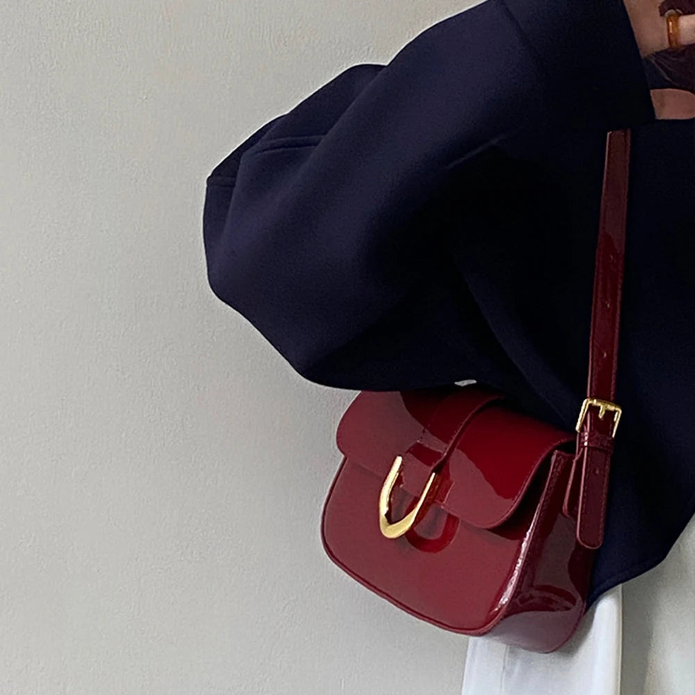 Retro Patent Leather Shoulder Bag for Women | Luxury Flap Crossbody & Solid Color Underarm Bag (Red Lady Handbag Luxegan