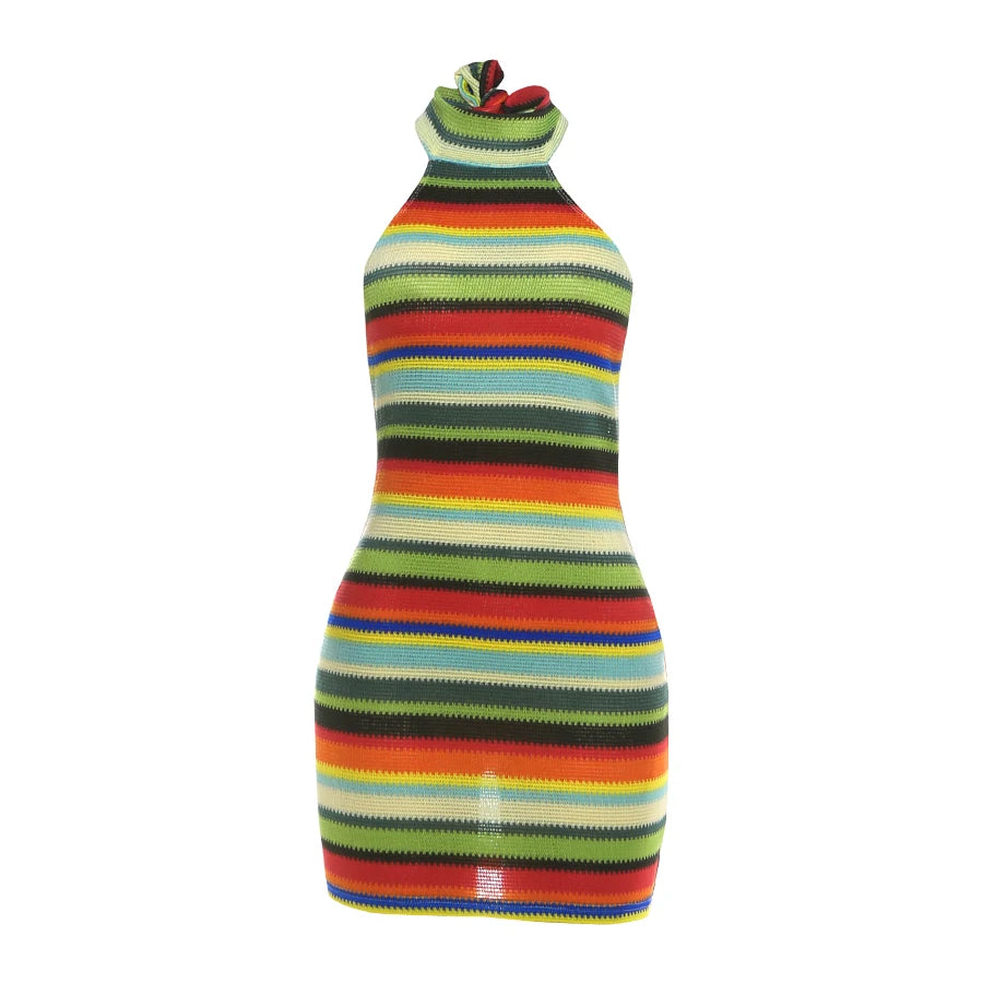 Striped Patchwork Bandage Halter Mini Dress | Sexy Backless Off-Shoulder Bodycon | Streetwear Slim Fit Medium Stretch Sheath Luxegan