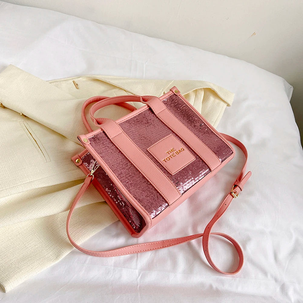 Women’s Shiny Sequin Shoulder Bag | Fashionable PU Leather Top-Handle Tote | Casual Portable Shopper with Adjustable Straps Luxegan