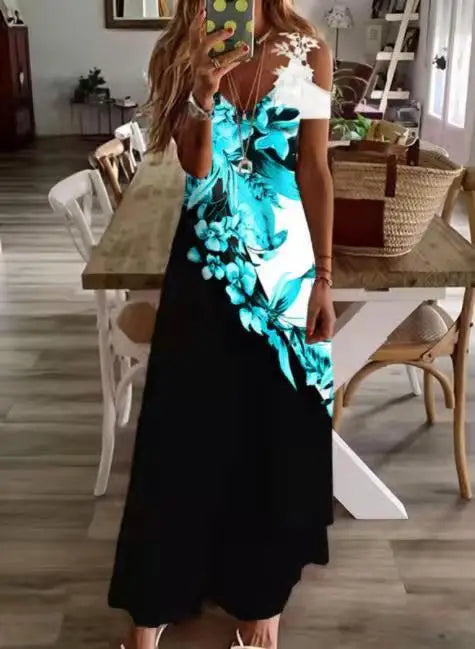 Floral V-Neck Spaghetti Strap Lace Detail Regular Fit A-Line Ankle-Length Dress – Brocade, Medium Stretch, Summer Luxegan