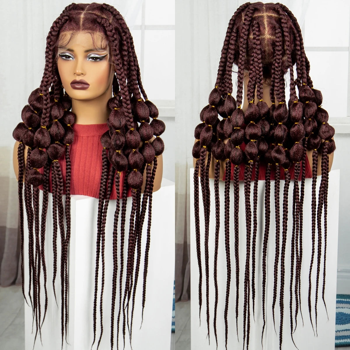 Natural 40 Inch Long Synthetic Full Lace Braided Wig | Handmade Knotless Bantu Braids Lace Wig with Baby Hair for Women Luxegan