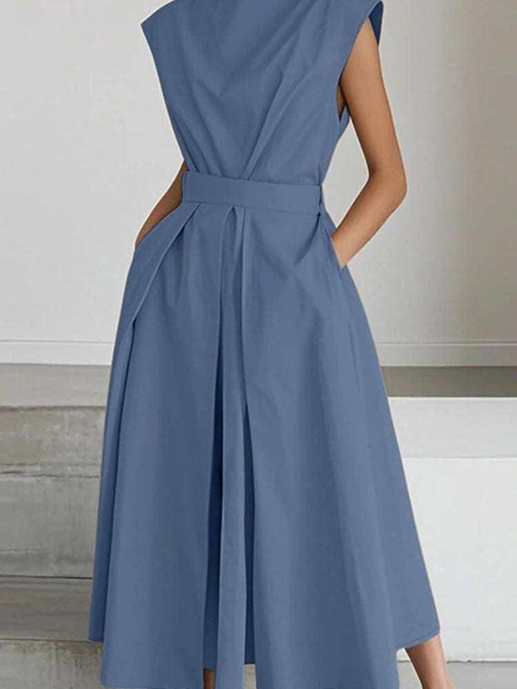 Solid Turn-Down Collar Short Sleeve Regular Fit A-Line Ankle-Length Dress – Polyester, Empire Waist, Summer Luxegan