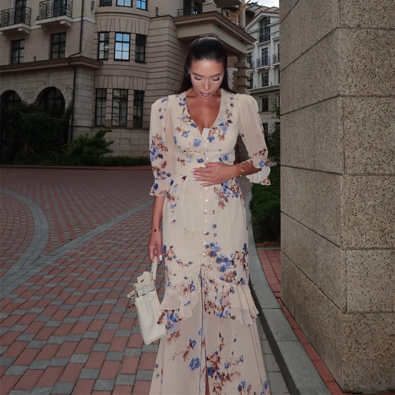 Organza Floral Printed Maxi Dress V-Neck  Puff Sleeve 2026 Spring/Summer Romantic Women Party Gown Fashion Elegant Lady Vestidos