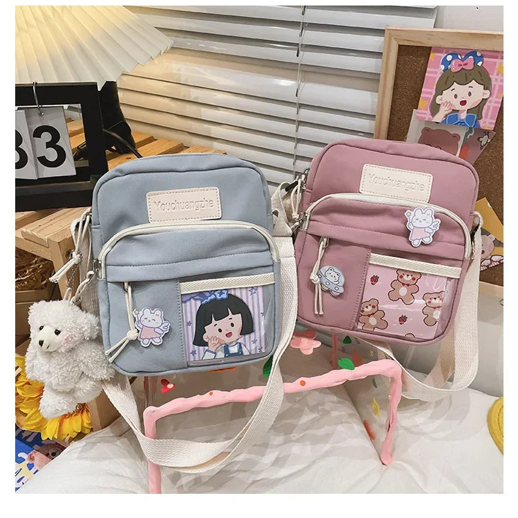 Cute Clear Kawaii Canvas Bag | Harajuku Cartoon Messenger Bag for Girls | Sophisticated Small Patchwork Shoulder Pouch | Fashion-Forward Nylon Cellphone Purse with Silt Pocket Luxegan