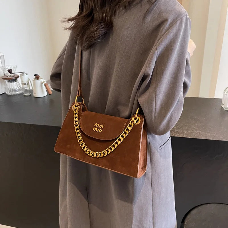 Classic Handbag Letter Design Shoulder Bag with Metallic Chain | Square Bag, Women's Suede Messenger & Winter Wedding Bag Luxegan