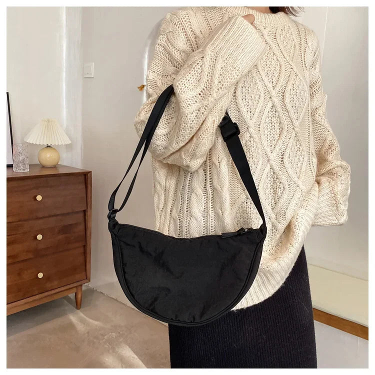 Simple Solid Color Nylon Padded Crossbody Bag | Portable Female Travel Purse & Shoulder Handbag (Messenger Style) Luxegan