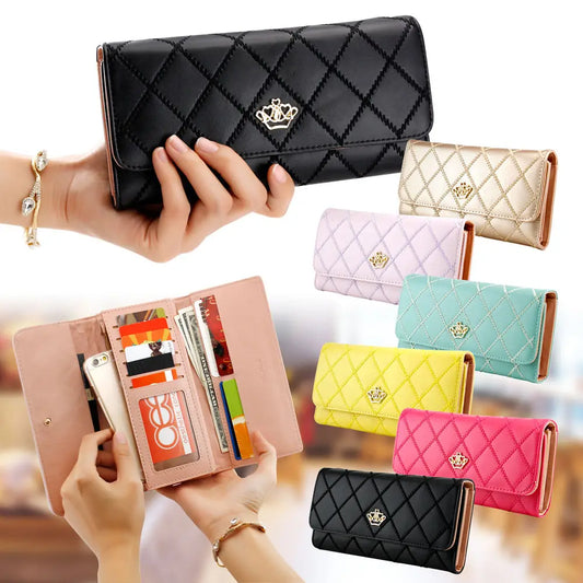 Fashion Women's Long Wallet Crown PU Leather Bifold Card Holder Money Purse Organizer Cellphone Handbag for Daily Use